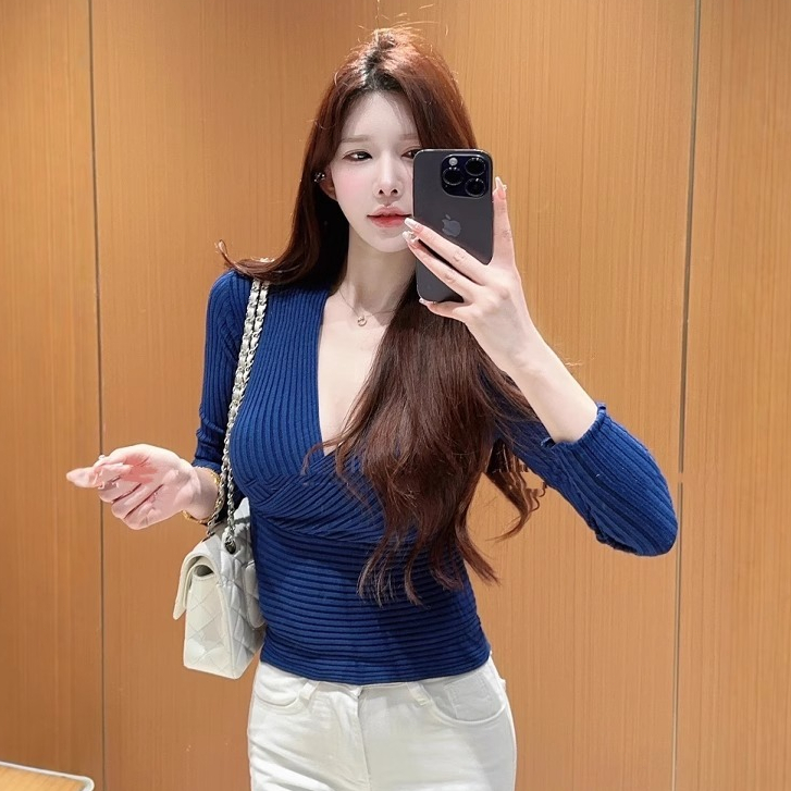 Sexy Style Knit Top V-Neck Sweater Wanita Korea Baju Crop Lengan Panjang Wrap Top BF