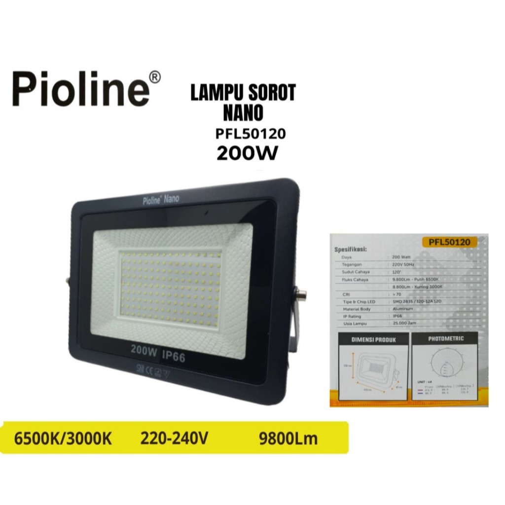 LAMPU SOROT TEMBAK LED FLOOD LIGHT PIOLINE NANO 200 watt