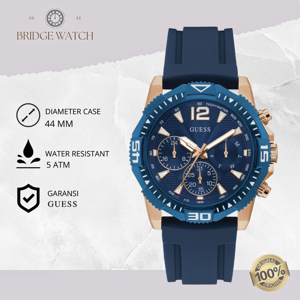 Jam Tangan Pria Guess GW0211G4 Original Chronograph Analog Sporty Rubber Blue Strap Silicone Cowok B