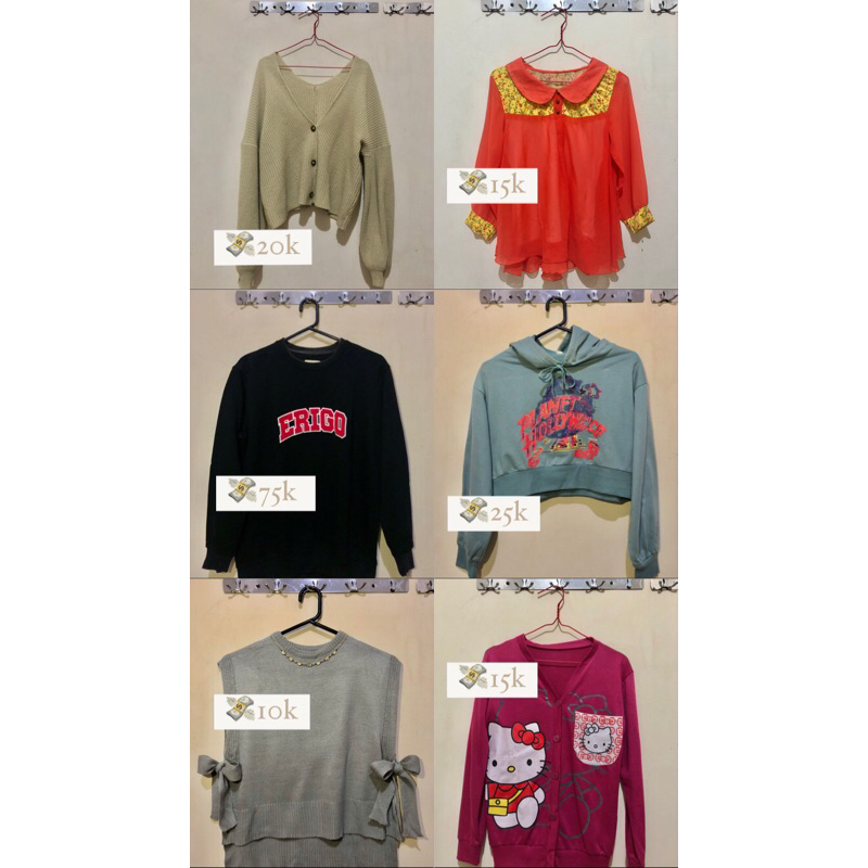 preloved atasan, crewneck erigo, vest, crop hoodie, dl murah part 1