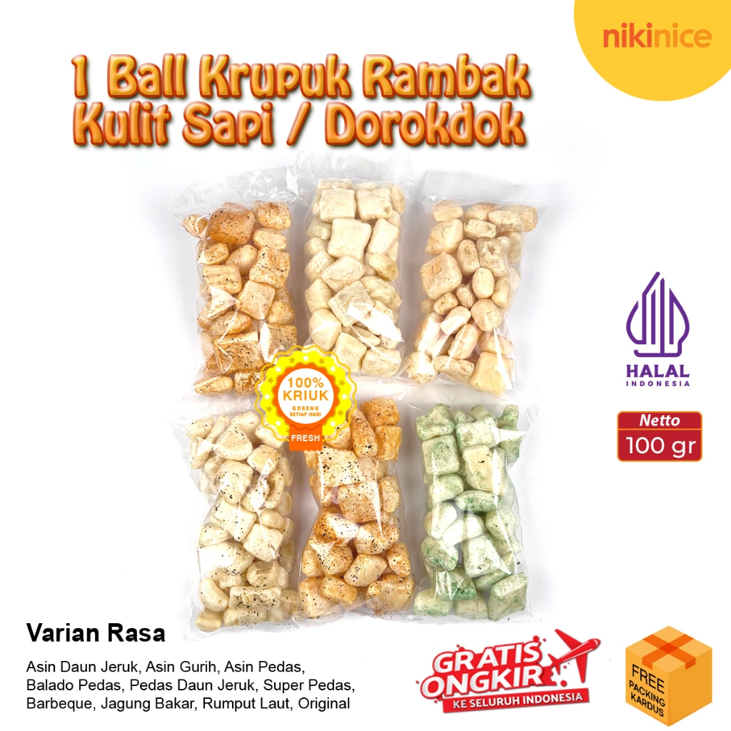 

Kerupuk Dorokdok 100 Gram Kerupuk Rambak Kulit Sapi Asli HALAL aneka rasa pedas daun jeruk