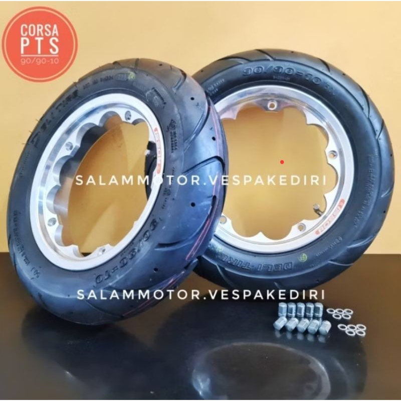 paket ban dan velg tubeless Vespa Ring 10 Vrossi dan Ban delitire S224 90/90-10 PTS 100 special 90 c