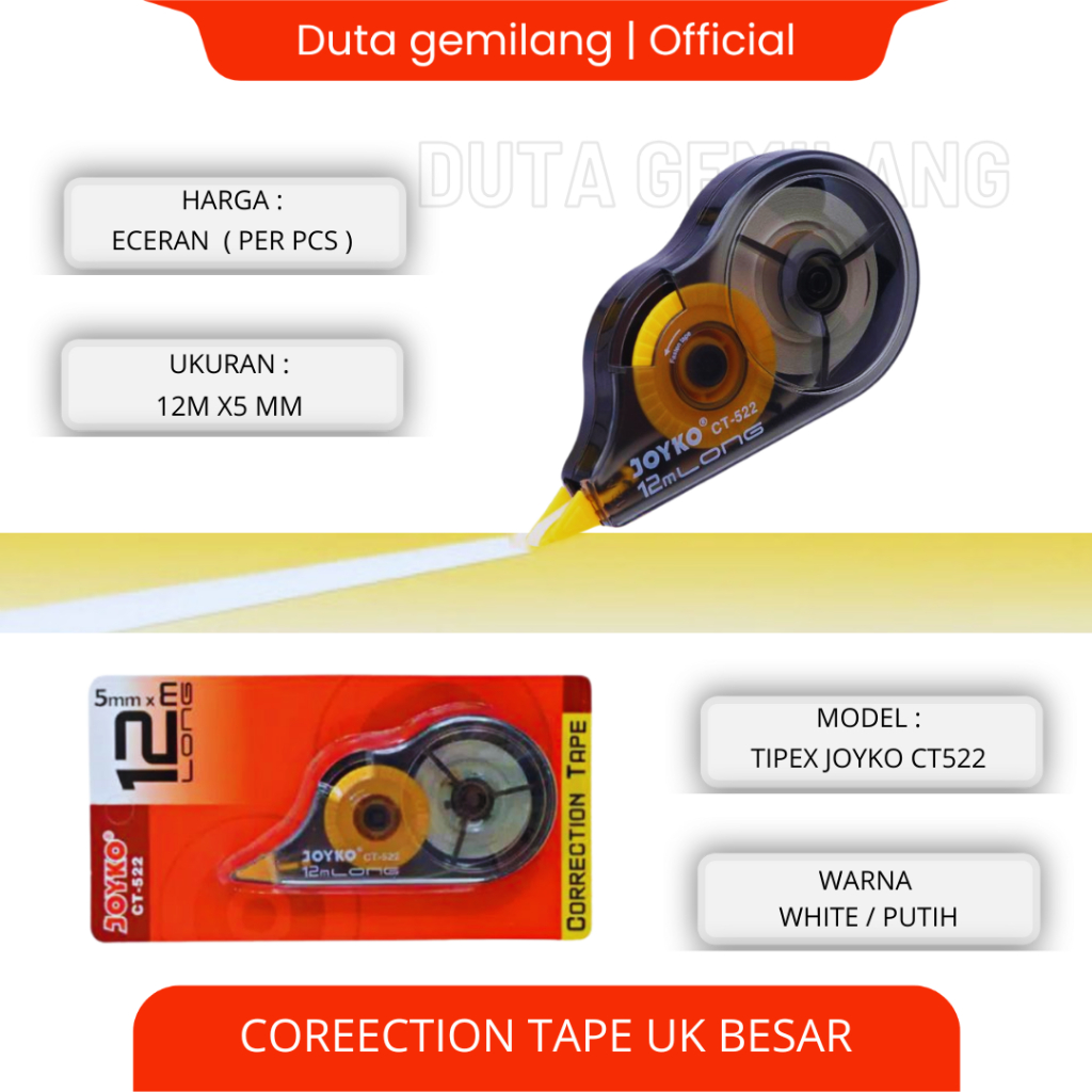 

Tip-ex Roll Joyko 522 Correction (PCS) / Tipex Roll / Correction Tape Joyko CT-522 / Tipex kertas 12 meter joyko CT-522/ Cod / Duta Gemilang