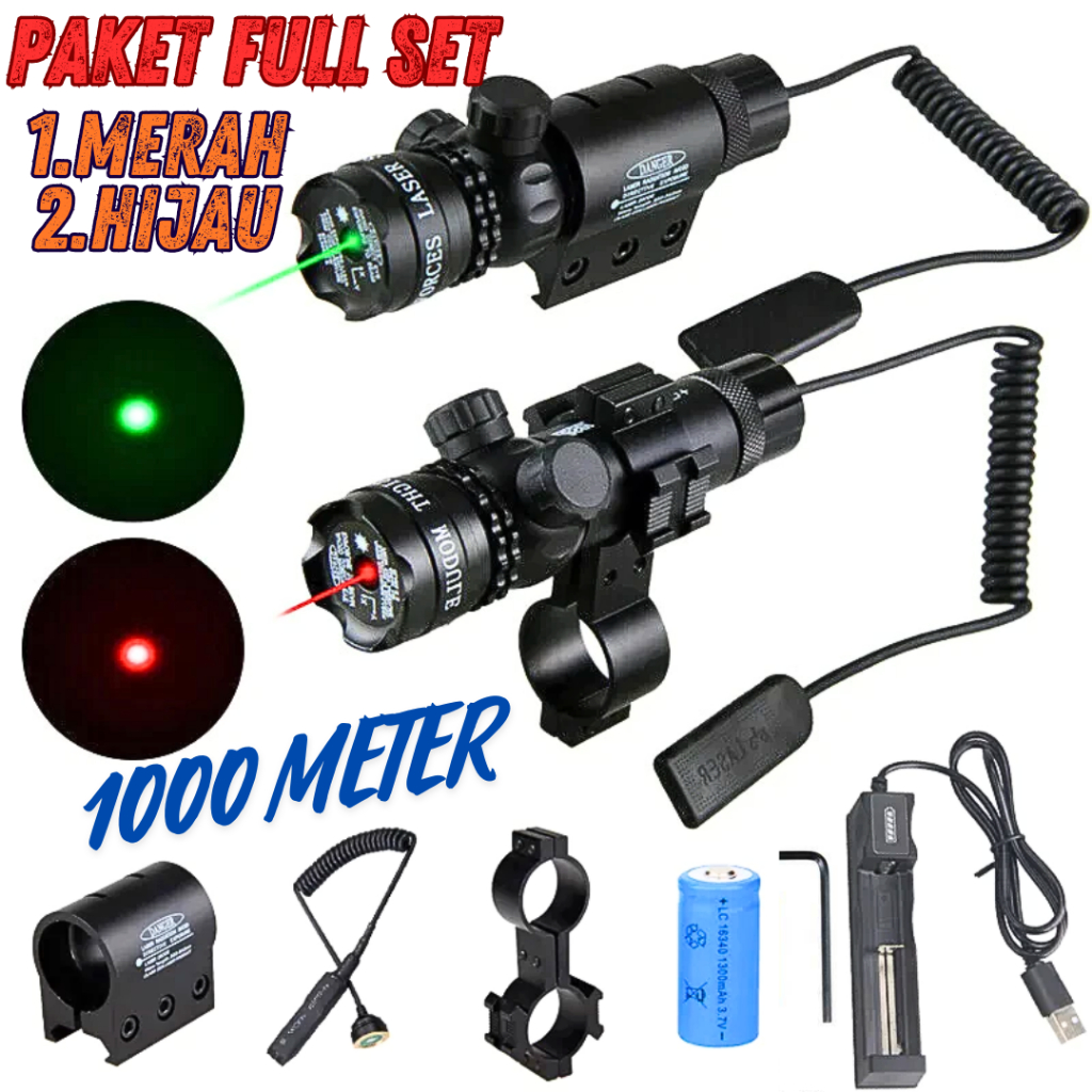 Laser Tembak Jarak Jauh Siang Malam Super Terang Warna Hijau Merah Paket lengkap Laser Berburu