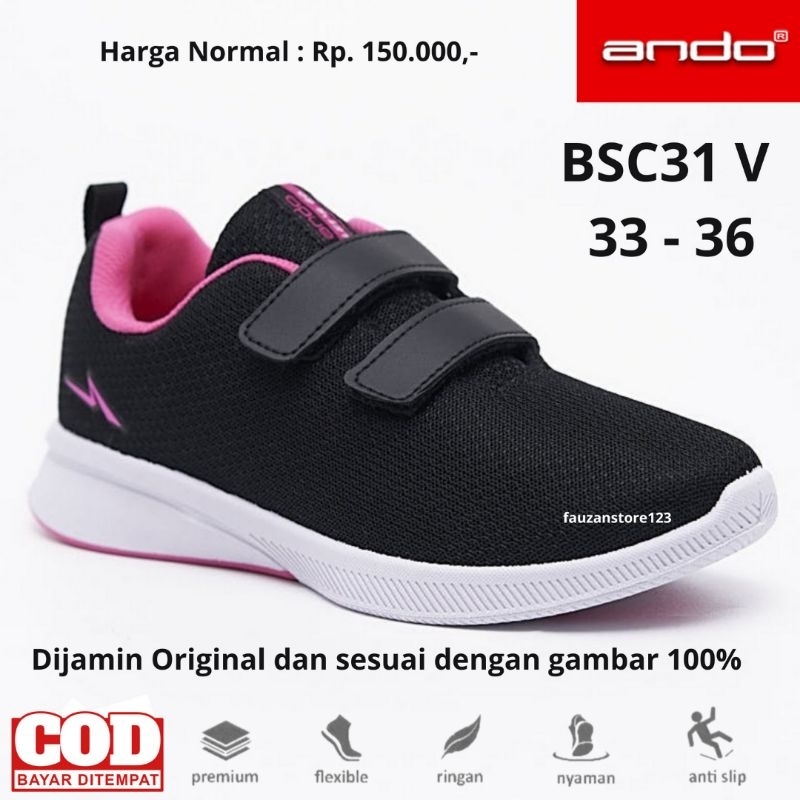 SEPATU SEKOLAH ANAK PEREMPUAN ANDO ORIGINAL PEREKAT HITAM PINK SEPATU SEKOLAH ANDO ANAK SD