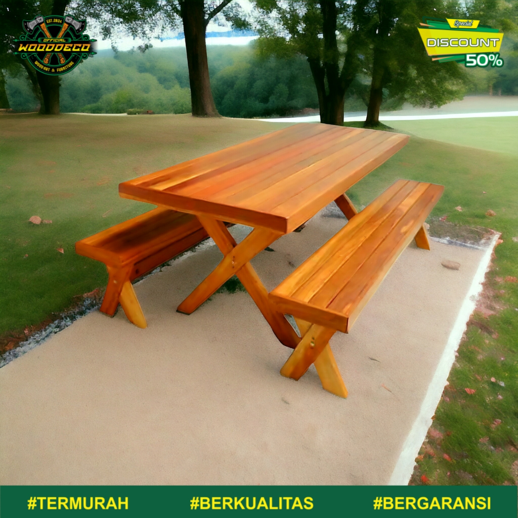 Meja Taman Kayu Minimalis Meja Kayu Outdoor Elegan Meja Taman Rustic & Natural Meja Piknik Kayu Serb