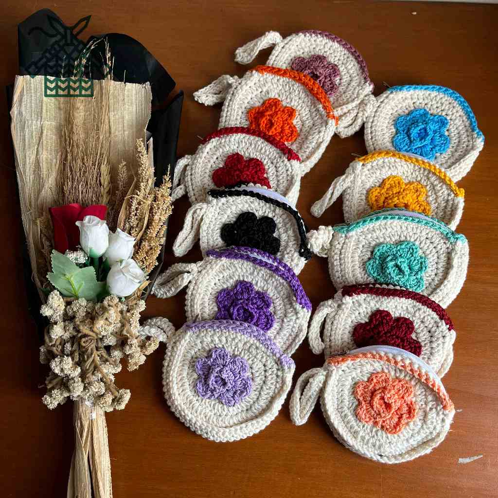 dompet koin handmade bulat / suvenir dompet rajutan murah / grosir dompet rajut
