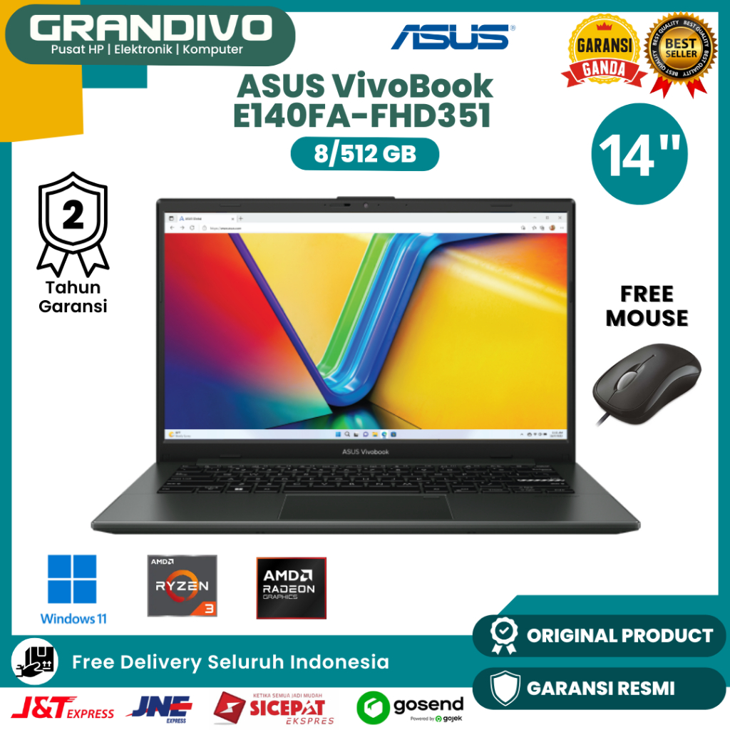 Laptop ASUS VivoBook 8/512GB SSD 14Inch E1404FA FHD351 AMD Ryzen 3 FHD LED Backlit Keyboard Windows 