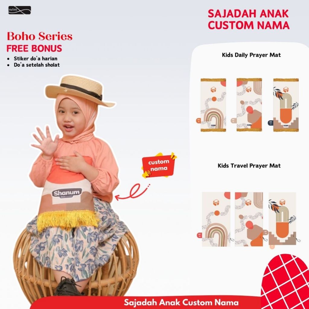 MeTime - Sajadah Anak Custom Nama - Sajadah Tebal Anak - Sajadah Travel Anak (Boho Series)