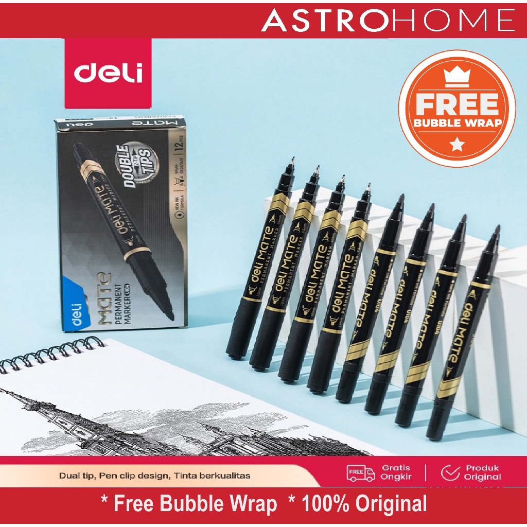 

Spidol Deli MATE Permanent Double Tip 2-Tip 2 Sisi 0.5mm & 1.0mm Bullet dan Needle - U10420 EU10420 Permanent Marker Ink Black 1.0mm/0.5mm / Spidol Permanen Hitam
