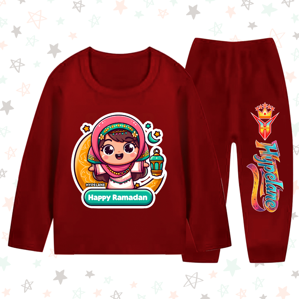 Baju Kaos Piama Setelan Panjang Lebaran Anak Perempuan Karakter Kartun Ramadhan Usia 1 - 10 Tahun