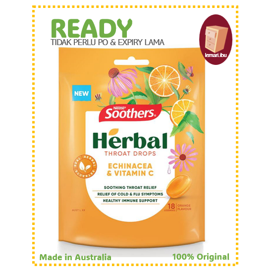 

Nestle Soothers Herbal Echinacea + Vitamin C 18 Lozenges 63g - Permen Pelega Tenggorokan - 100% ORIGINAL AUSTRALIA - BARANG READY DIKIRIM