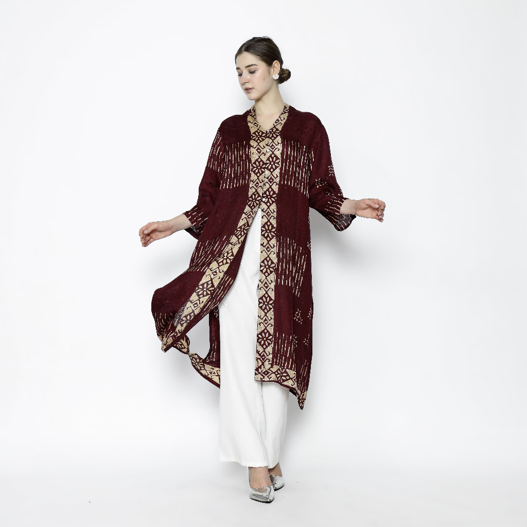 Rinjanie Batik - Dress Outer Unik - Tunik Belah - Viscose Premium - Outer Modern - Maroon Series