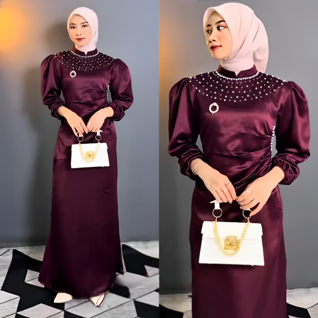 Seragam Kondangan Satin Vina Dress Ootd Bridesmaid Rok Duyung Burgundy Taro Sage Hitam Mewah