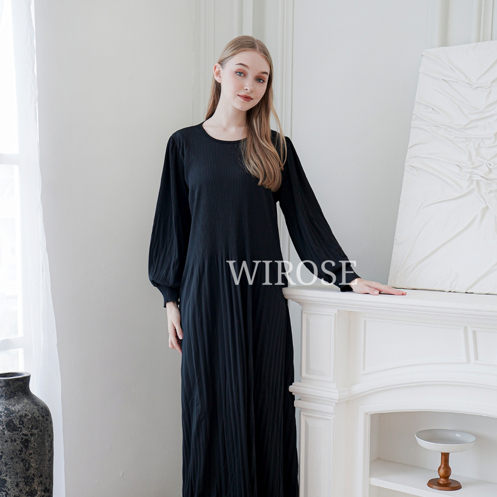 Dress Maxi Plisket Lidi Cabang / Dress Lengan Panjang Balon  / Gaun Plisket