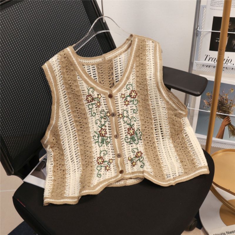 Vest Rajut Bordir Rompi Wanita Retro Vintage