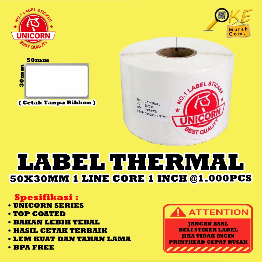 

Stiker Label Barcode Thermal 50x30mm / 50x30 mm / 50 x 30 mm 1 Line Core 1" Isi 1.000pcs