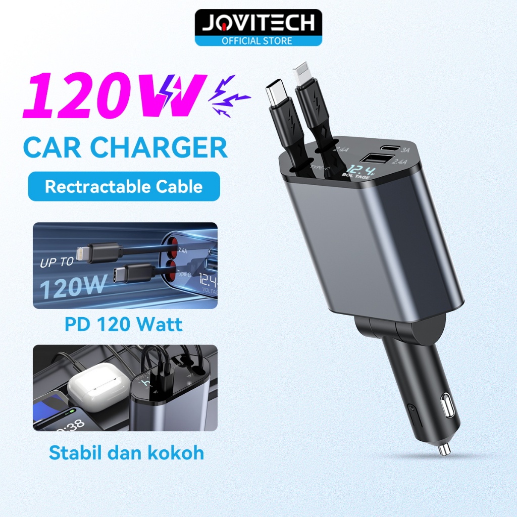 Jovitech CC20 Cable Car Fast Charger Colokan Mobil 4 In 1 PD 120W USB Type C & Lightning Fast Chargi