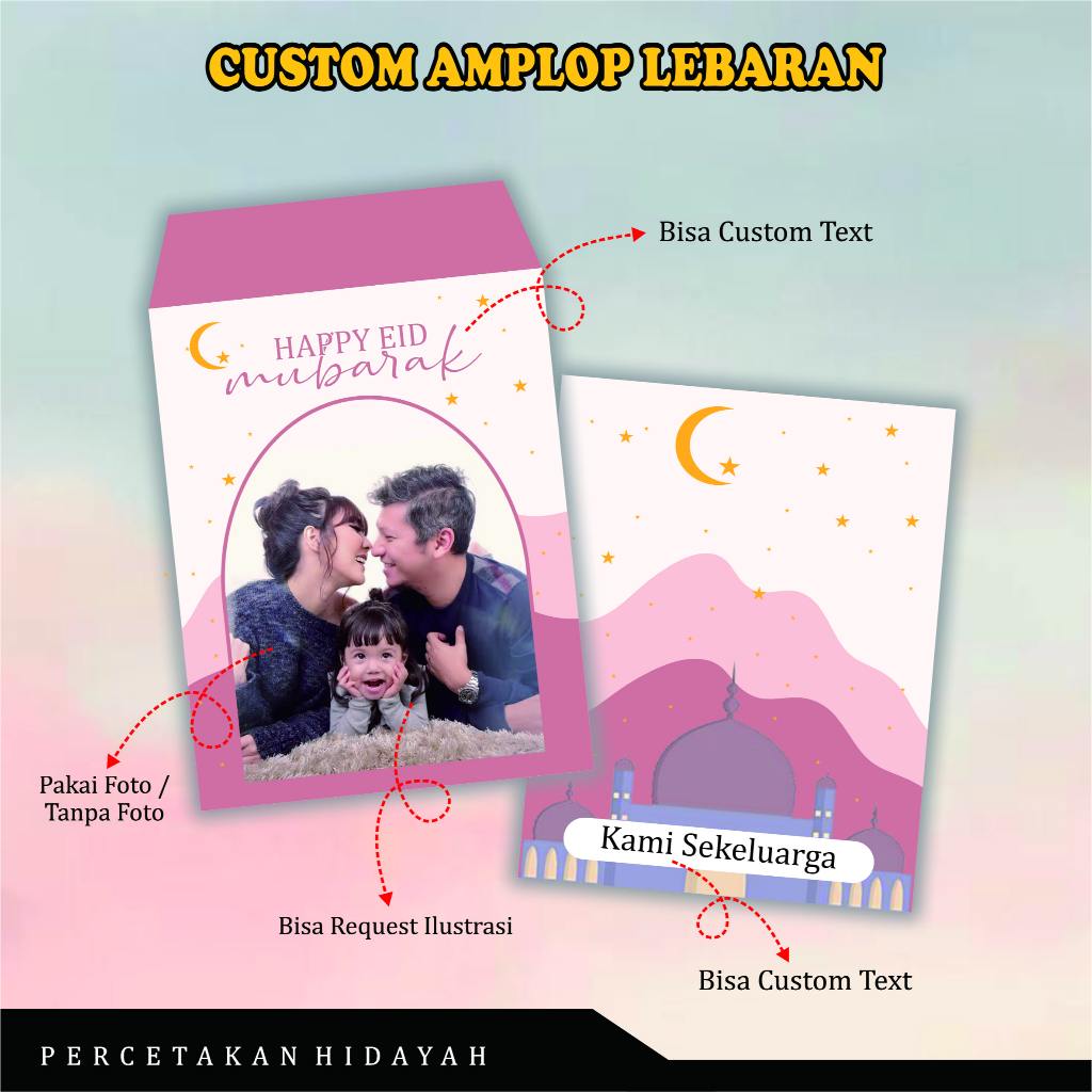 

(MINIM 8pcs) CUSTOM AMPLOP LEBARAN PAKAI FOTO SIZE KECIL