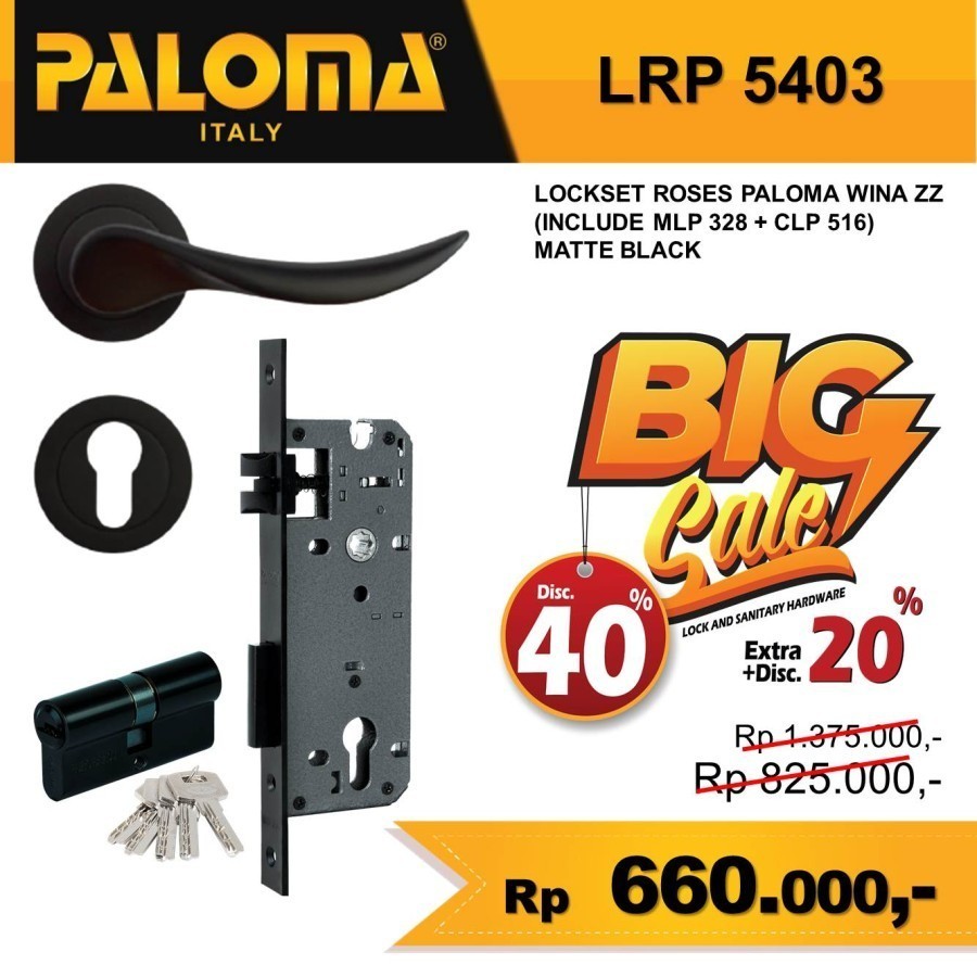 PALOMA Handle Pintu Set Kunci Komplit Solid Gagang Pintu Hitam LRP 5403
