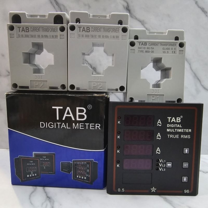 PAKET DIGITAL PANEL METER Ampere + Volt + CT 3pcs 3PHASE 3UI TAB DIGITAL AMPERE METER A,+V