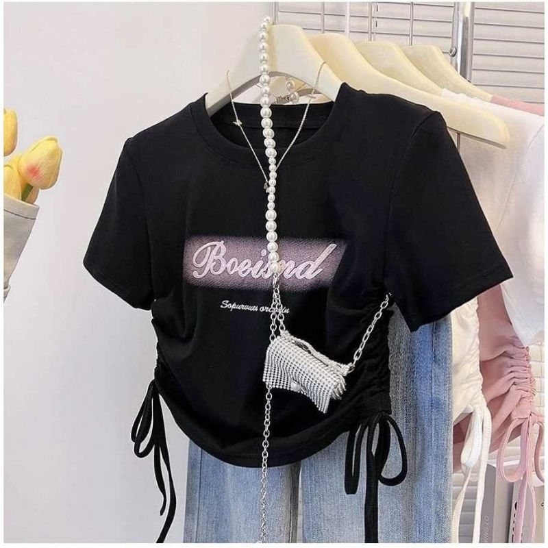 Tshirt Boeisnd Baju Serut Wanita Crop top Baju Kaos Wanita Kekinian
