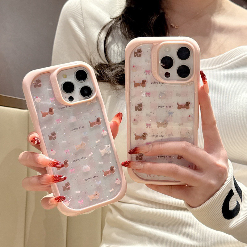 Cute Puppy Transparent Pink Case Iphone 13 14 15 16 Pro Promax