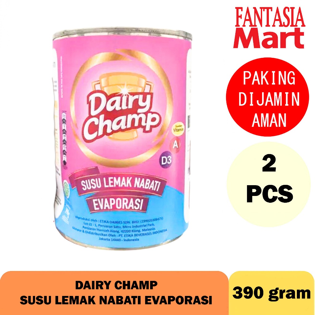 

DAIRY CHAMP SUSU EVAPORASI EVAPORATED MILK LEMAK NABATI TIN KALENG 390 GRAM PACK ISI 2 PCS FUN CORNER DENGAN PAKING AMAN