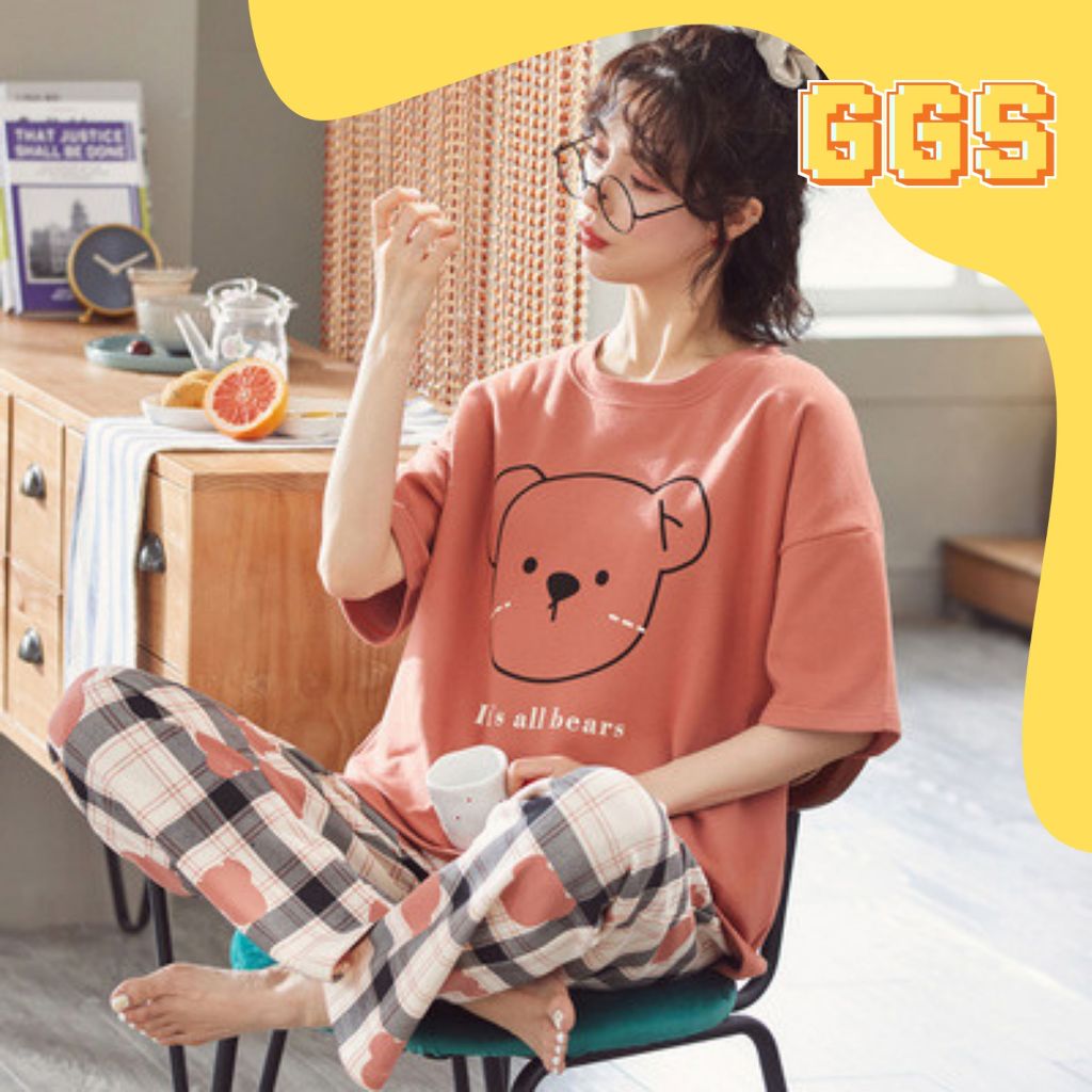 GGS Piyama Baju Tidur Wanita Remaja Dewasa Set Baju Lengan Pendek Celana Panjang Murah Setelan Kaos 