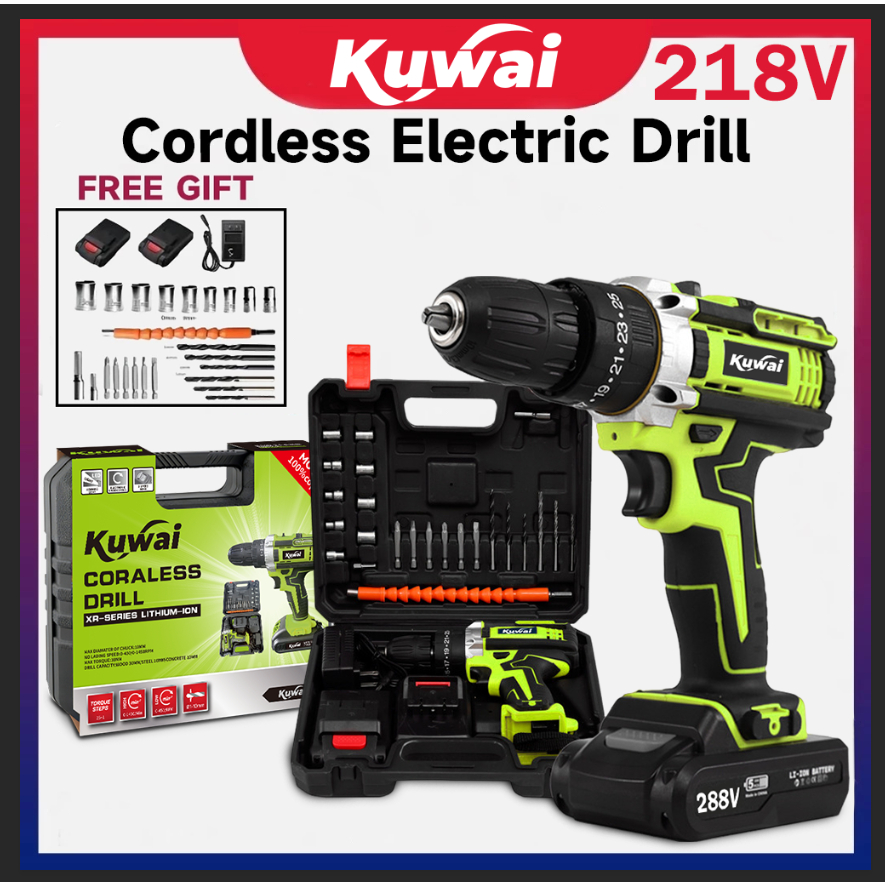KUWAI Bor Listrik 218VF/288VF Mesin Bor 13mm Bor Tanpa kabel 288V Set Lengkap Untuk dinding beton