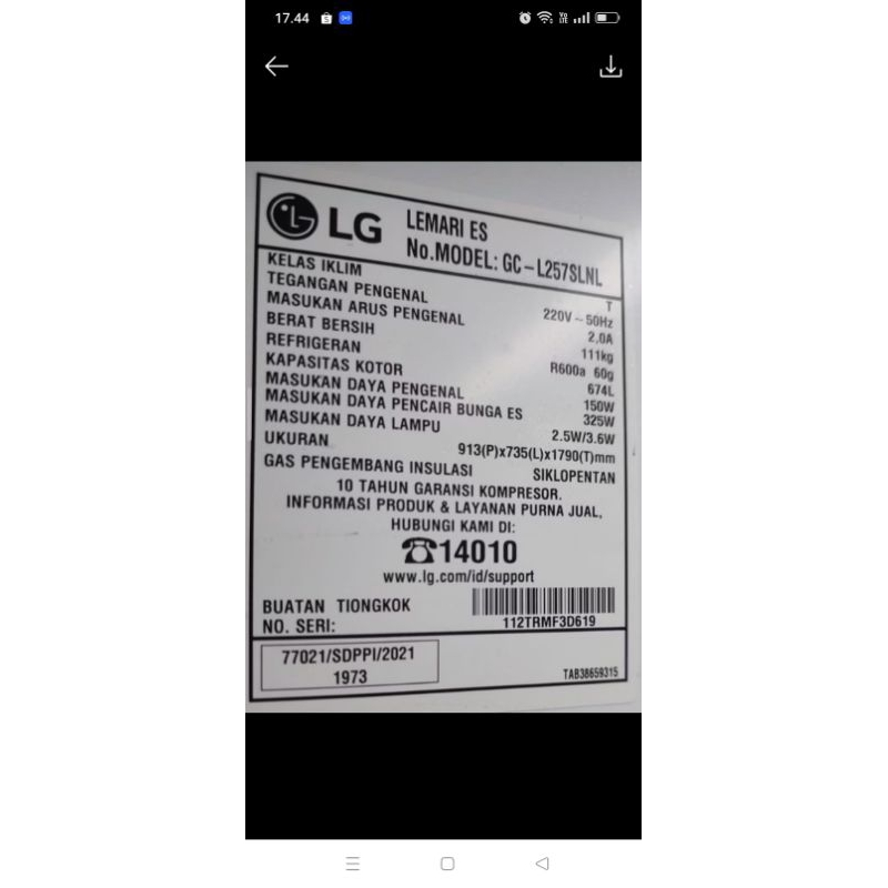 Tatakan rak kulkas LG GC L257SLNL