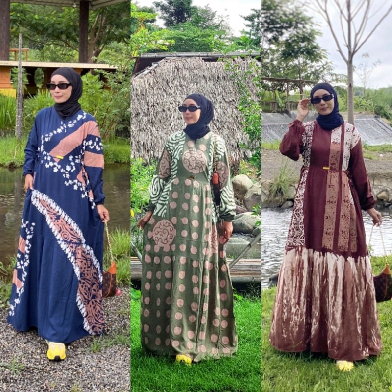 BATIK L MANIS - Gamis Susun 3 Rayon Premium  Batik Cap Pekalongan Motif Bunga Abstrak Malaman Reslet