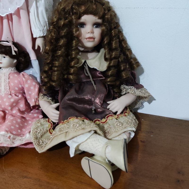 Porcelain Doll Brunette Curly Hair Boneka Porselen Keramik Vintage