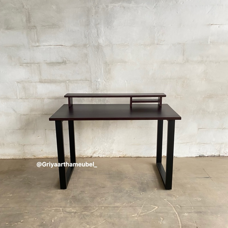 meja komputer plus stand monitor top kayu jati kaki besi