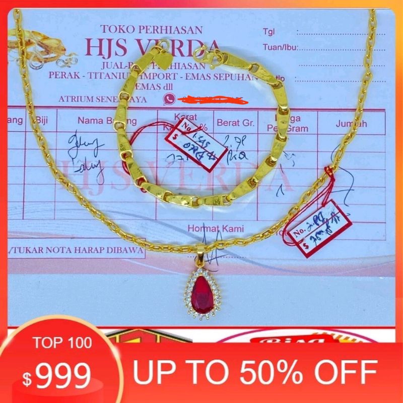 warna emas muda set perhiasaan gratis gelang padi kalung nori liontin batu merah