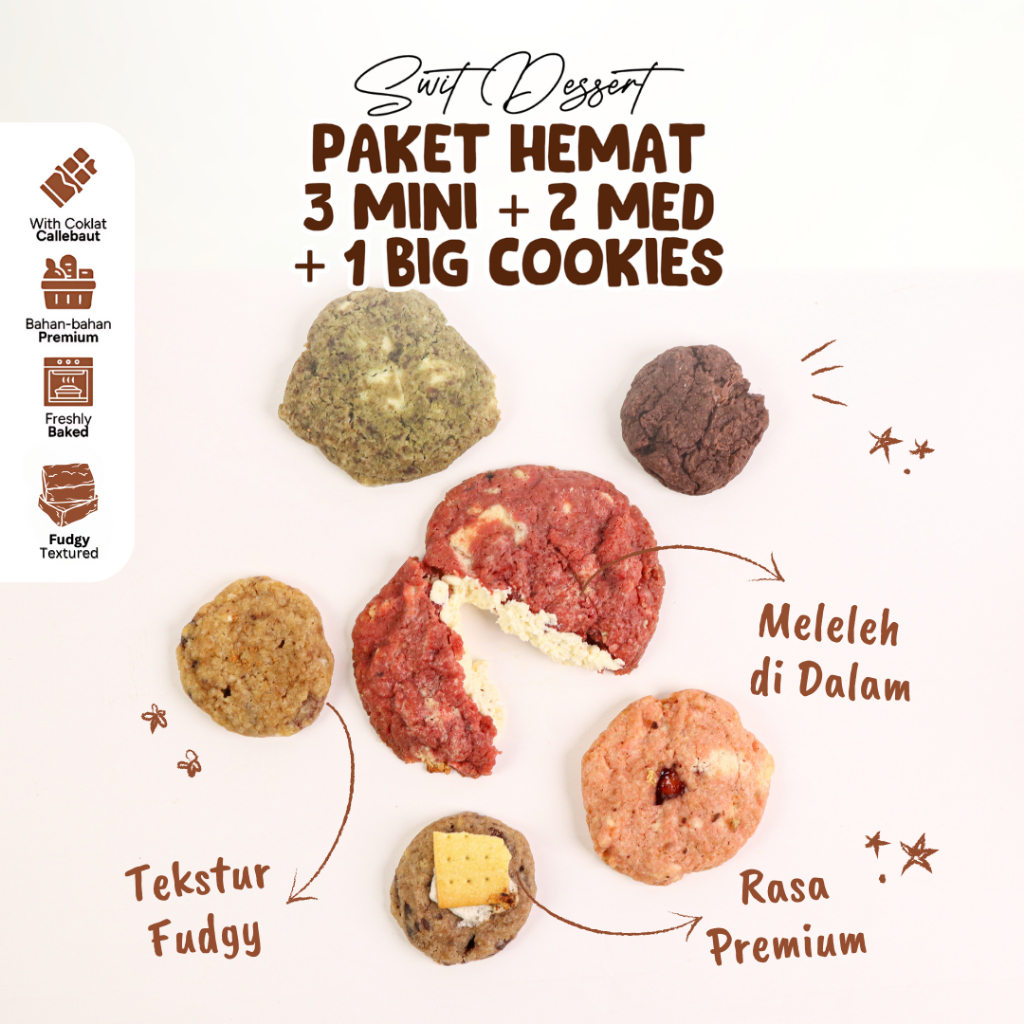

SWIT DESSERT - Paket Bundling Hemat Soft Baked Cookies Premium Size Bundling 3 Mini + 2 Medium + 1 Big