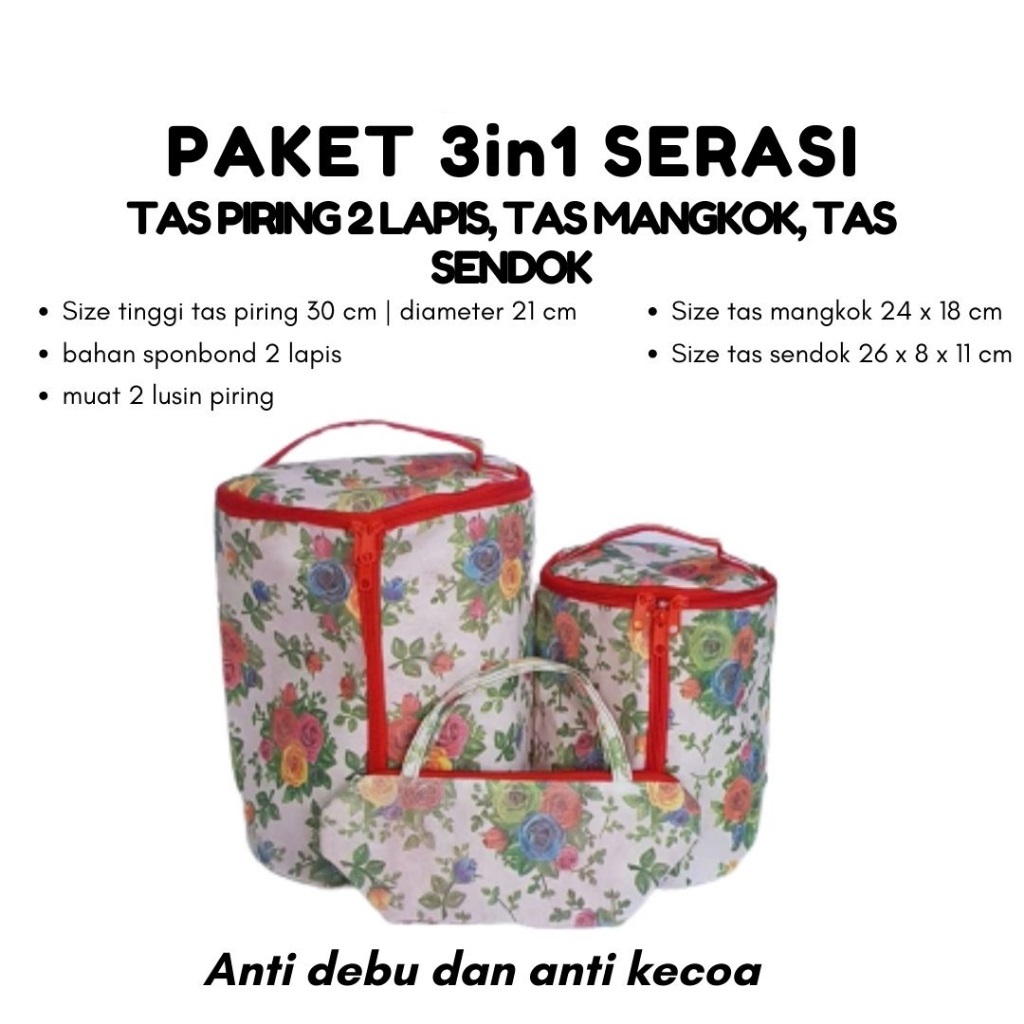 PAKET 3IN1 TAS PIRING 2 LAPIS, TAS MANGKOK DAN TAS SENDOK WARNA SERASI FULL RESLETING
