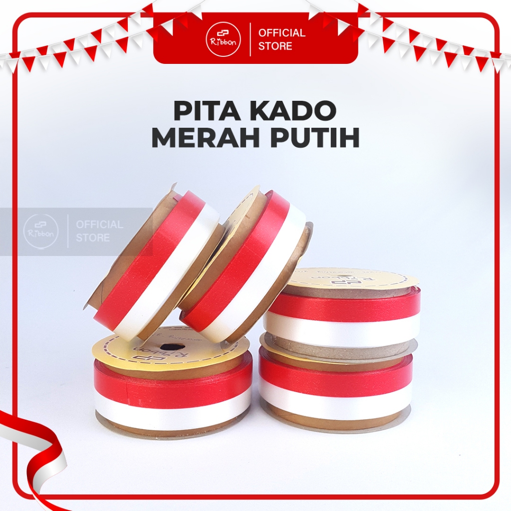

Pita Kado MERAH - PUTIH 2.5cm Ribbon 25mm x 14m Bendera Indonesia Merdeka Ribbon 1