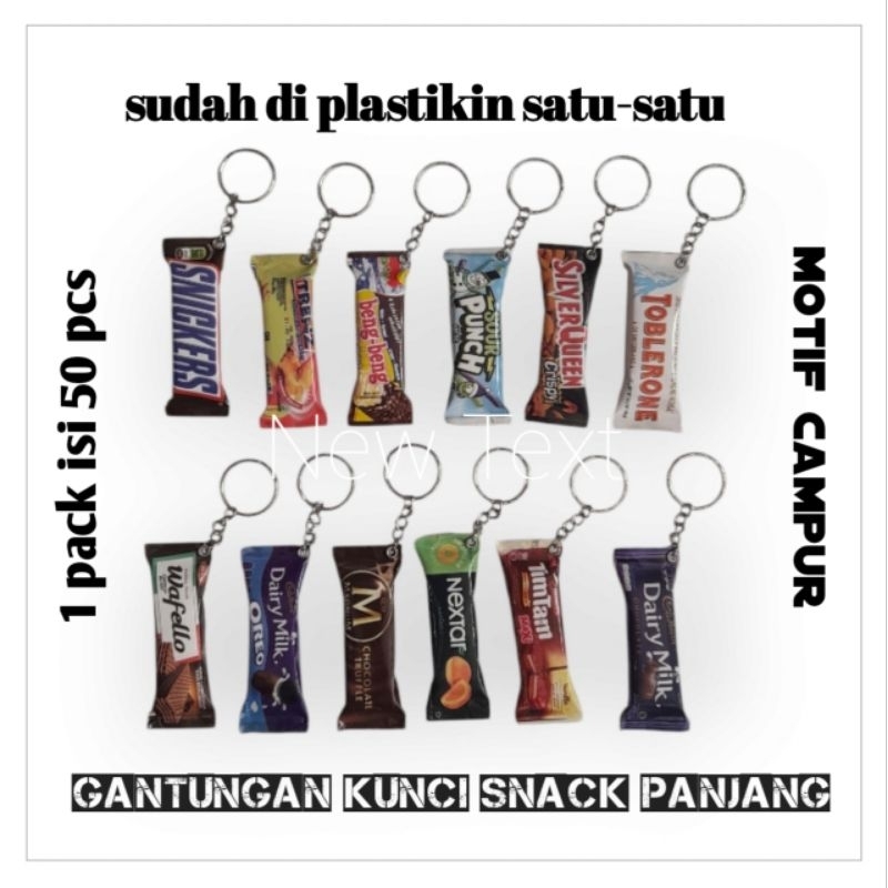 ISI 50pcs GANTUNGAN KUNCI MINIATUR SNACK PANJANG SUDAH KEMAS PLASTIK SATU-SATU