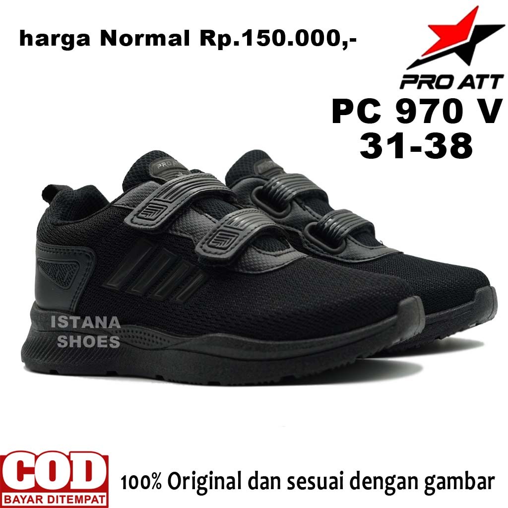 Sepatu Sekolah Anak Laki Laki Perempuan TK SD SMP PRO ATT PC 970 Full Hitam Perekat Sneakers Casual