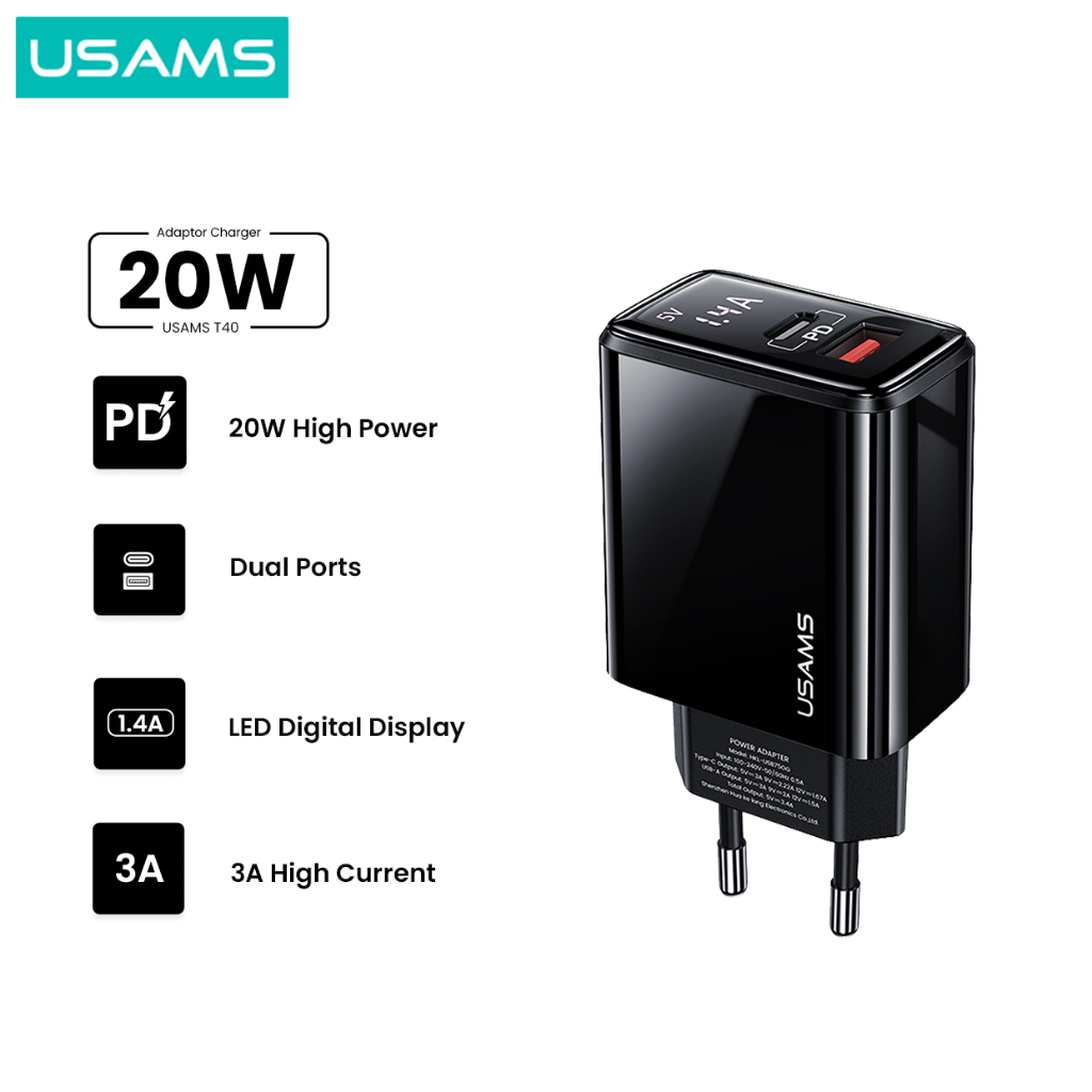 USAMS T40 Adaptor Kepala Charger Fast Charge Digital Display PD20W QC3.0