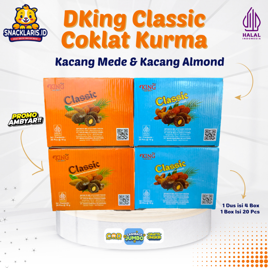 

DKING CLASSIC COKLAT ISI KURMA RASA ALMOND & MEDE - 1 DUS isi 4 Box (20pcs @box)