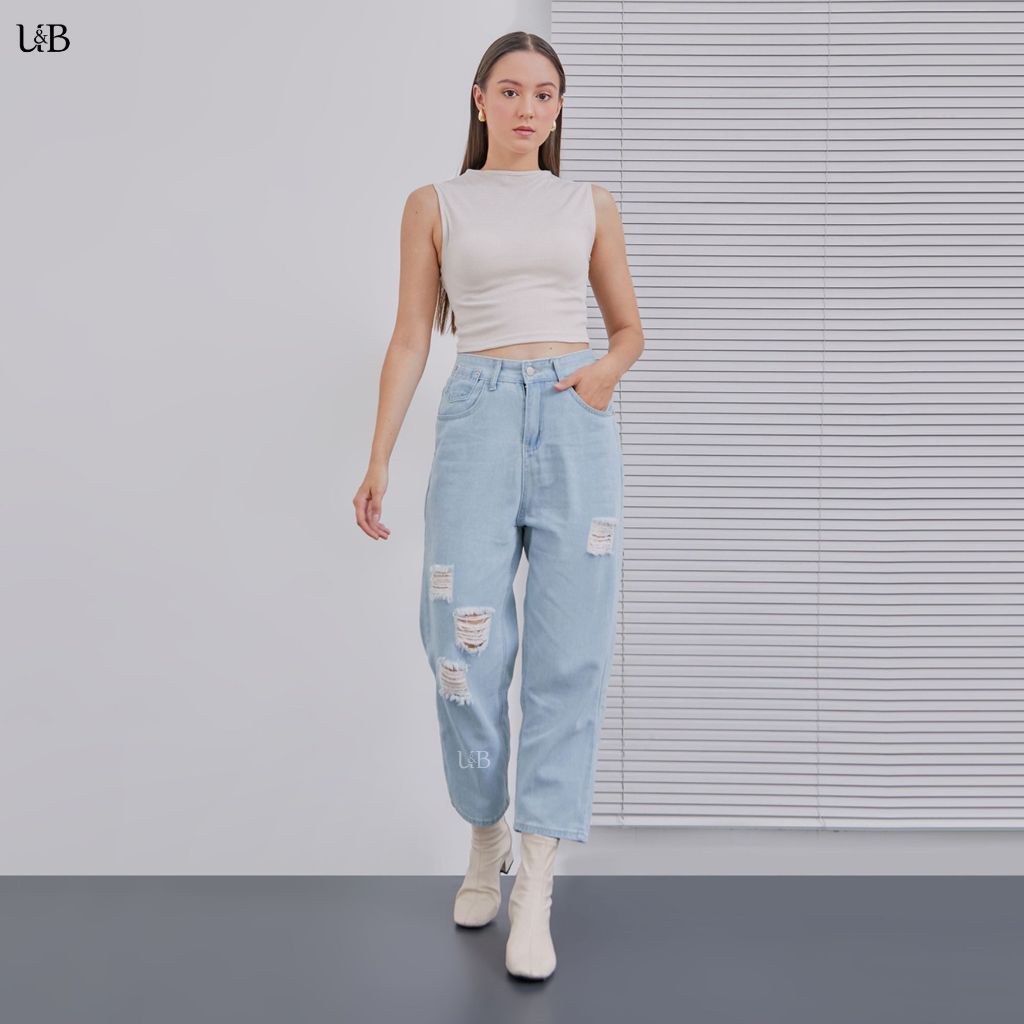 U&B - 6866 | Celana Jeans Wanita Kulot Baggy Premium Quality Highwaist Nyaman Polos Regular Ripped J