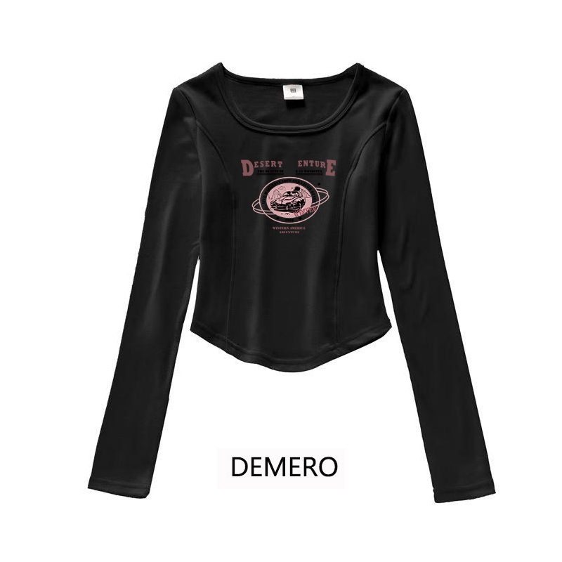 Demero Atasan wanita terbaru gaya Korea |Cetak vintage Amerika |crop top lengan panjang |T-shirt wan