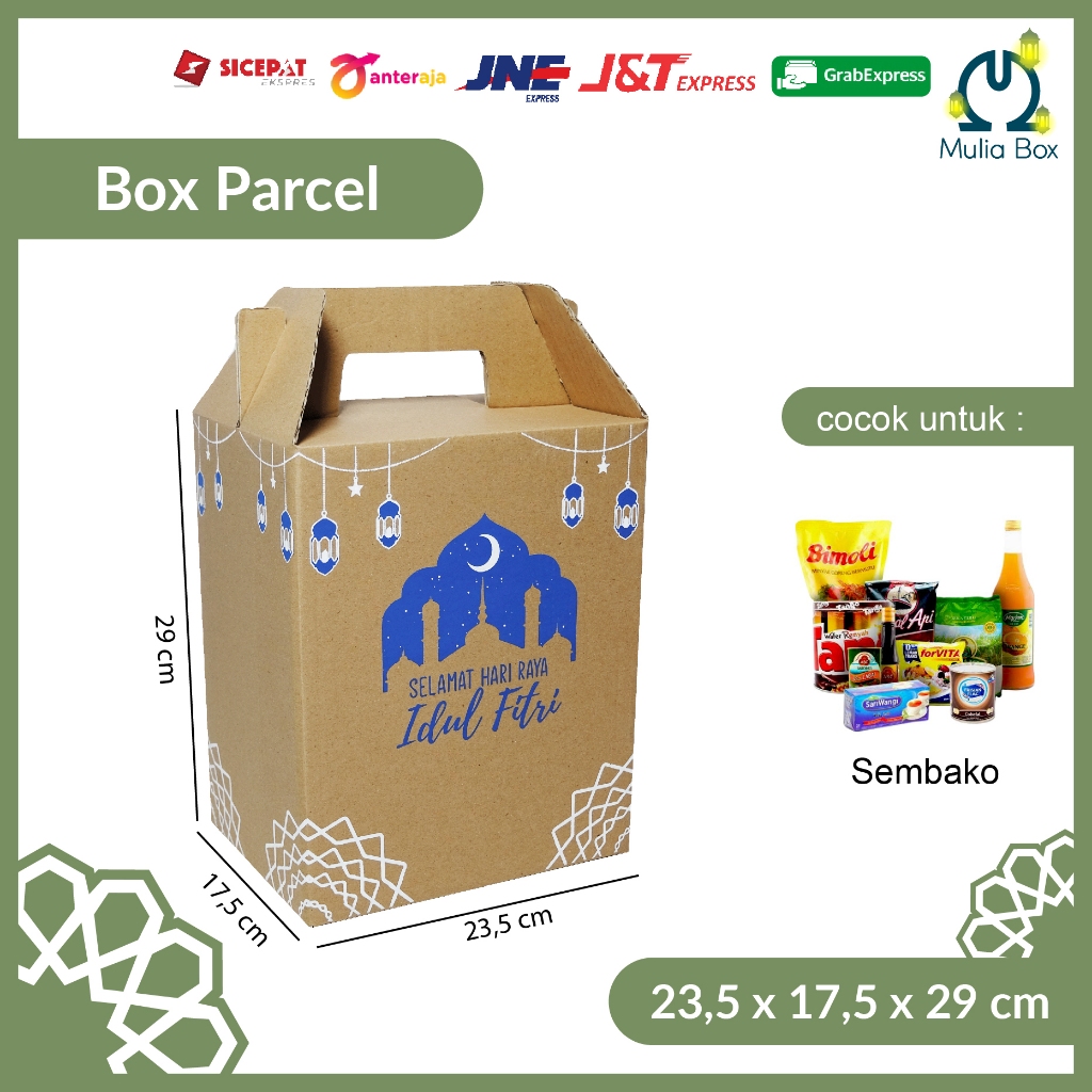 

Kardus Lebaran Idul Fitri Gable Box 23,5 x 17,5 x 29 cm Blue Mosque (ISI 5PCS) / Dus Parcel Sembako Hampers Toples Kue Kering Kado Bingkisan Corrugated Box