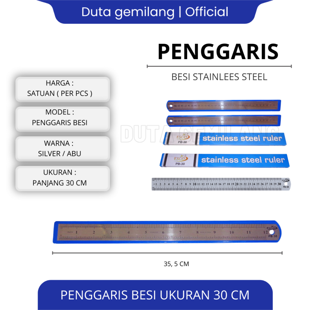 

Penggaris Besi (Stainless) 30 cm / Mistar Besi / Penggaris Tukang / Penggaris Combo / Cod / Duta Gemilang