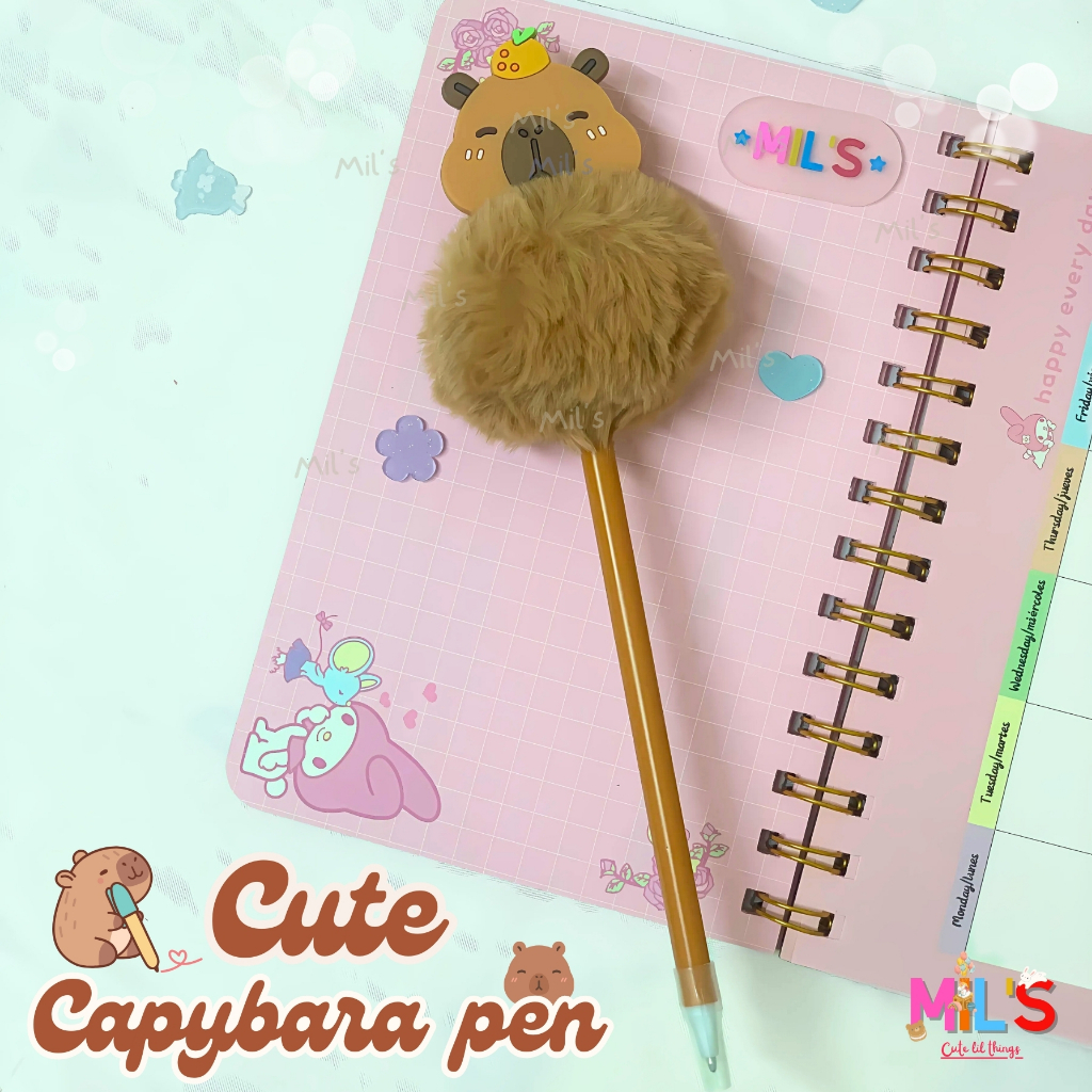 

[CUTE MIL'S]PULPEN LUCU CAPYBARA POM POM FUR FLUFFY IDE KADO ANAK STATIONARY LUCU CUTE CAPYBARA PEN