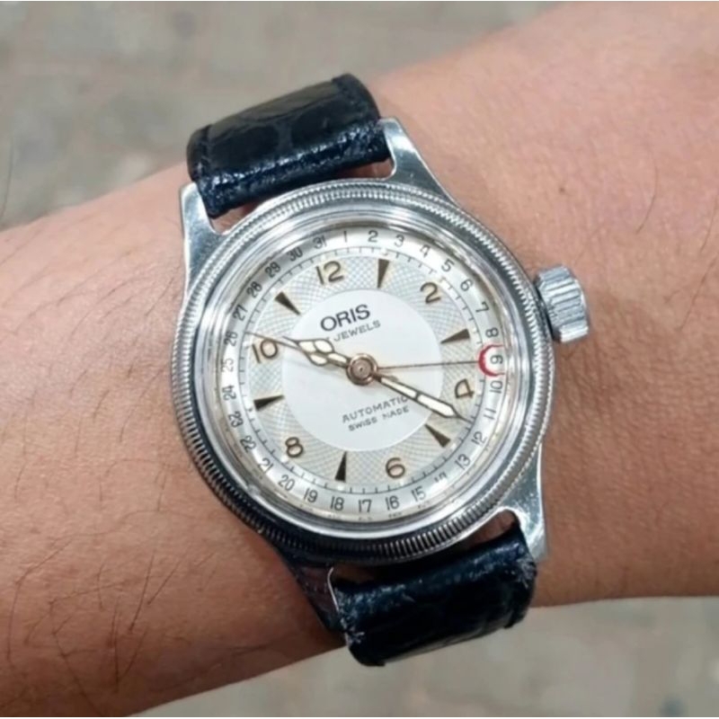 Oris Pointer Date Big Crown 7400B Warna Ivory / Gading / Putih Tulang Jam Tangan Vintage Classic Swi