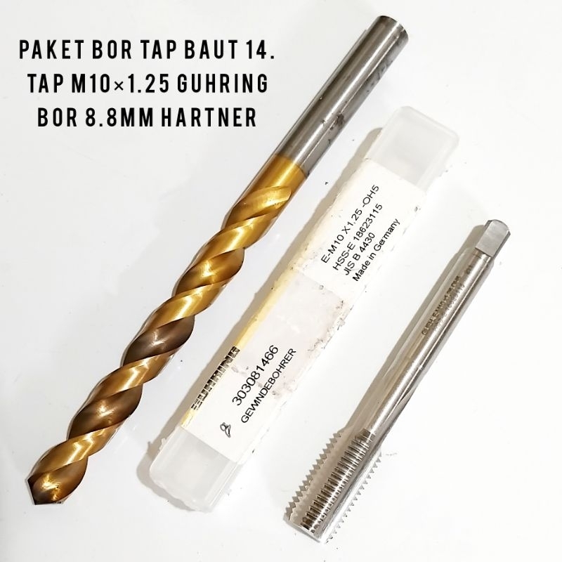 paket tap M10×1.25 guhring set mata bor 8.8mm hartner untuk ulir drat baut 14