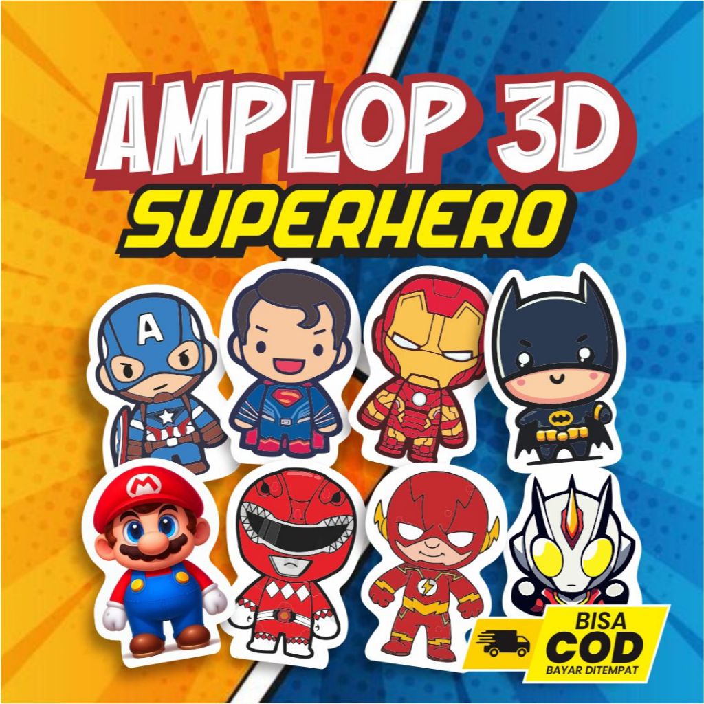 

Amplop 3D Lebaran Motif Super Hero Bolak Balik Ready Stock bahan tebal 210Gms tidak mudah sobek